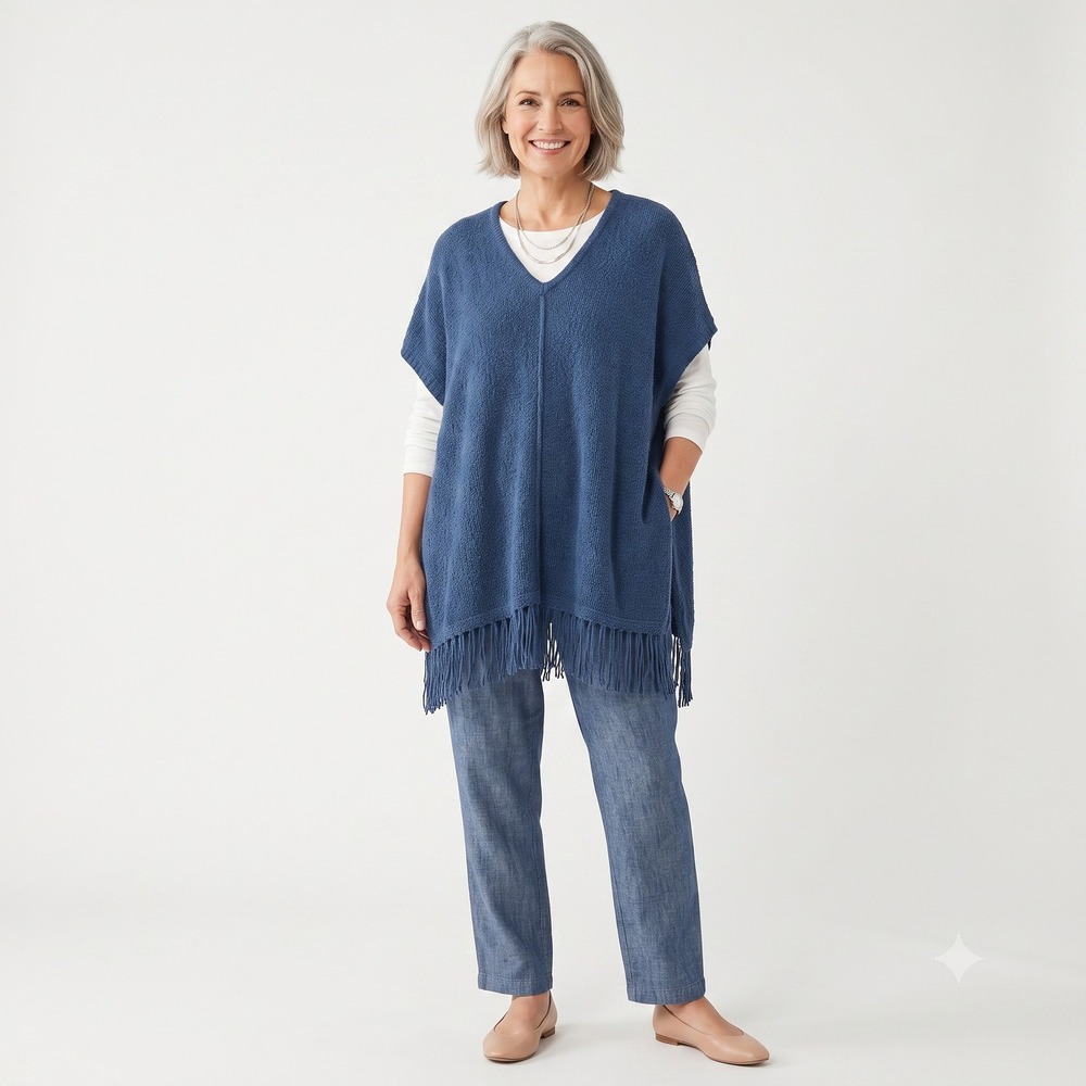 Pure Jill Blue Textured Knit V-Neck Fringe Hem Poncho Sweater Plus Size 3X